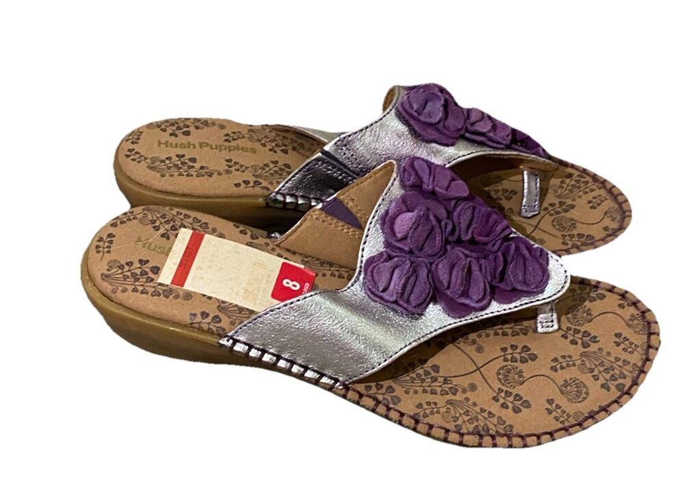 Hush Puppies Womens sz 8 Purple Floral Brown Leather Flip Flop Sandal Shoe